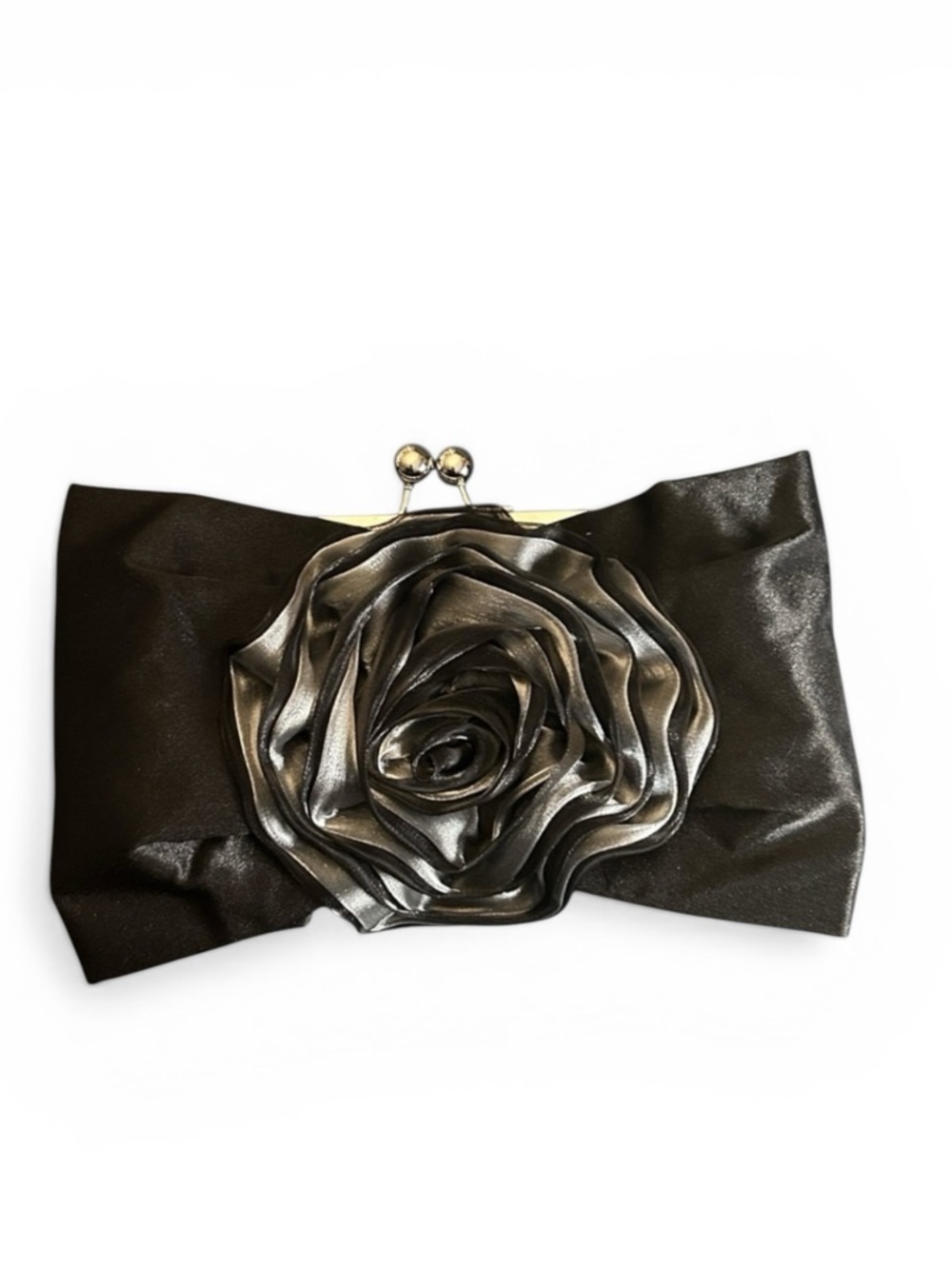Black Satin Evening Bag with Gray Satine Fabric Flower and Chain - Picture 6 of 6